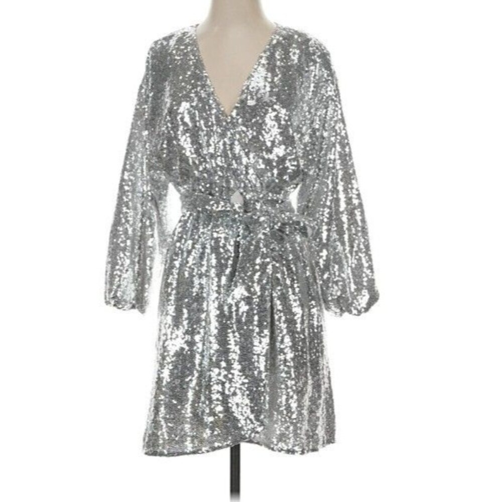 Anthropologie Lisabette Silver Sequin Wrap Mini Dress Women's Petite Small SP